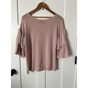 ana A New Approach Pink Metallic Shimmer Tiered Ruffle Sleeve Knit Top Medium